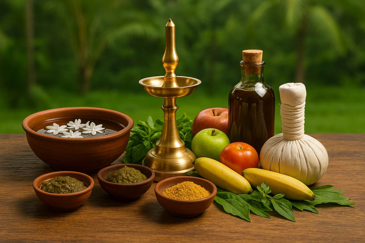 Authentic Ayurvedic healing setup in Kerala with brass lamp, herbal pastes, Ayurvedic oils, fresh fruits, and medicinal herbs arranged on a wooden table against a lush green tropical background.